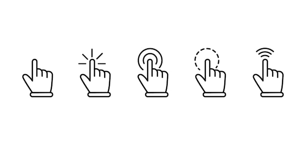 Hand Click Gesture Icon Set in Minimal Line Style for Touch Interface UI and Mobile App Design