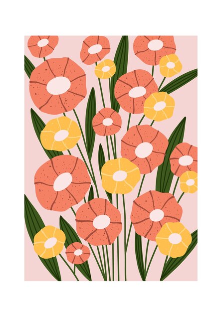 Hand drawn abstract floral illustration with warm orange and yellow tones