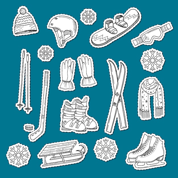 hand drawn contoured winter sports equipment and attributes stickers.