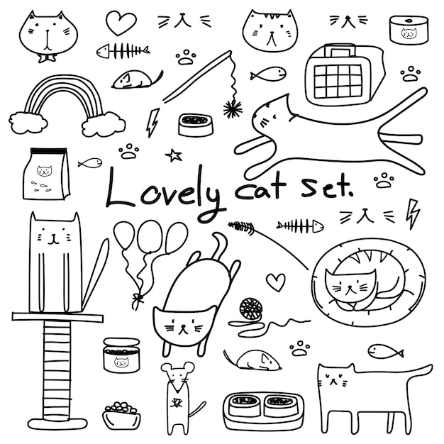 Hand drawn doodle vector lovely cat set