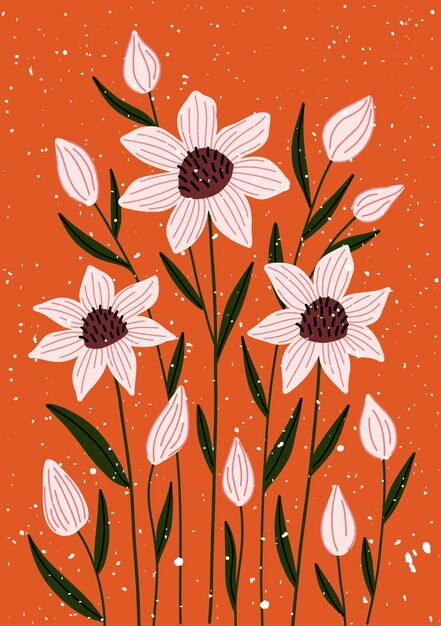 Hand drawn floral pattern with white flowers and buds on orange background