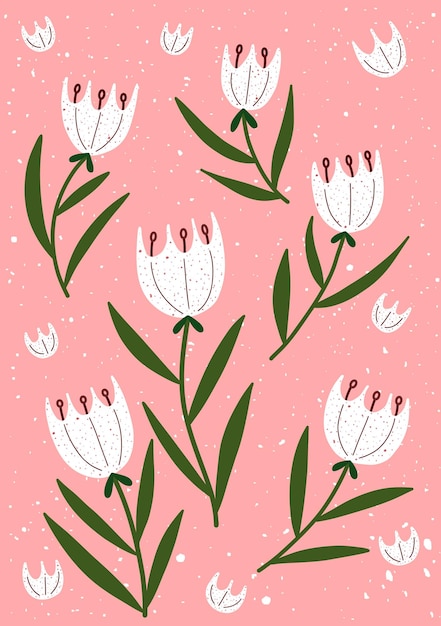 Hand drawn floral pattern with white tulips and green leaves on pink