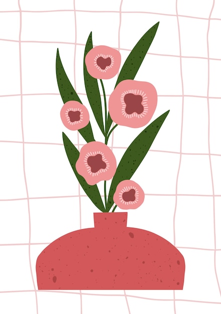 Hand drawn floral poster with abstract pink flowers in a textured vase Simple modern botanical