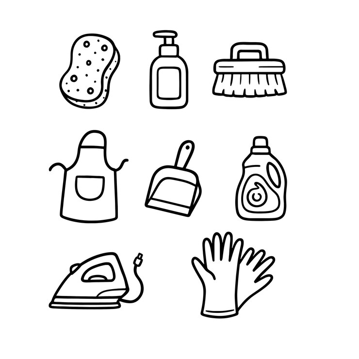 Vector hand drawn household and cleaning icons minimalist black ink doodle set