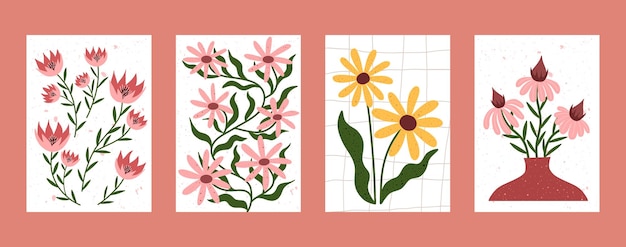 Hand drawn illustration of echinacea flowers in a red vase Minimalist floral composition