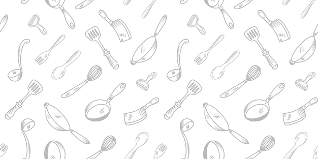 Hand-drawn kitchen utensils seamless texture