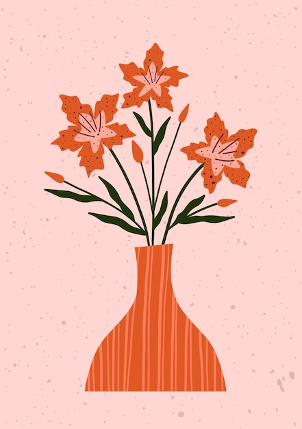 Hand drawn orange lilies in a modern vase on soft background