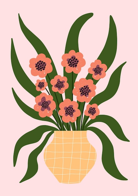 Hand drawn pink flowers in a checked vase Cheerful and bold floral decor