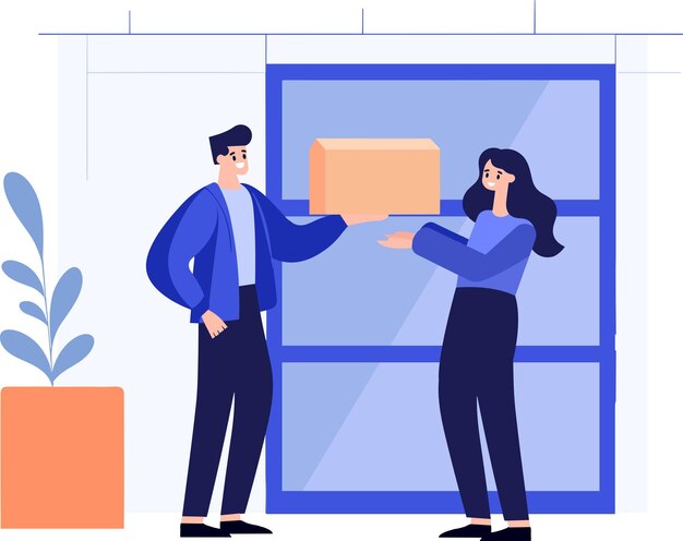 Hand Drawn un repartidor está entregando un paquete a un cliente en estilo plano aislado en el fondo