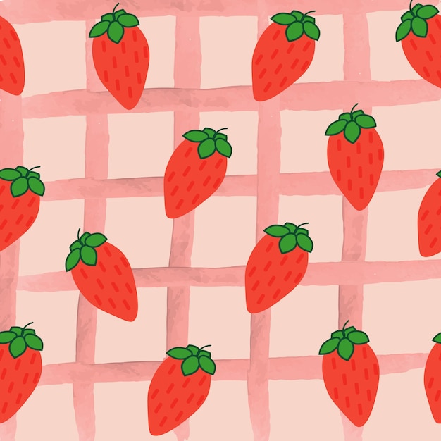 Hand-drawn strawberries on a pink grid background