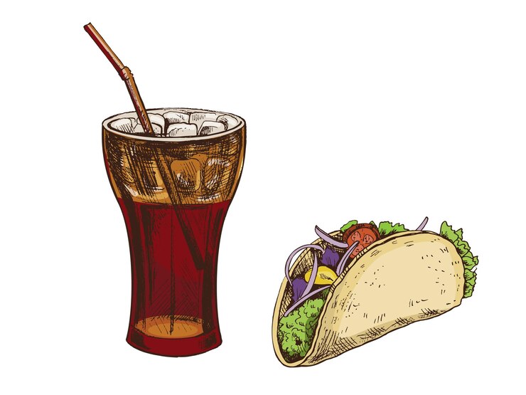 Vector hand drawn vintage sketch of taco with vegetables and soda drink in glass with straw color