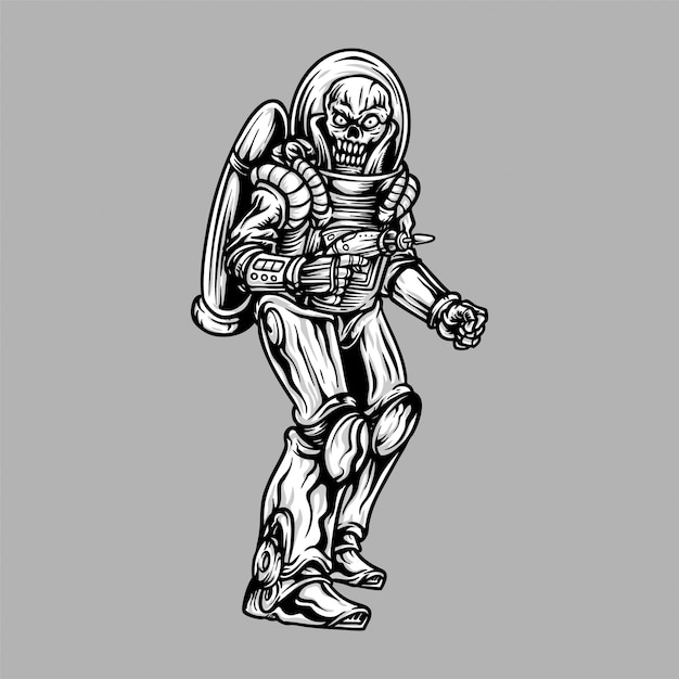 Handdrawing ilustración esqueleto alien astronauta espacial