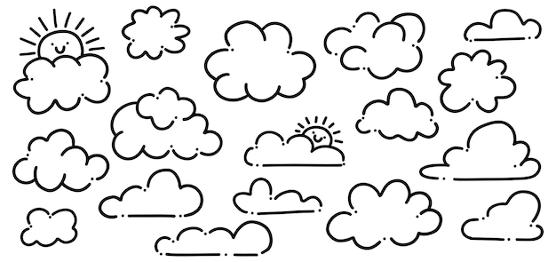 HandDrawn Cloud Doodle Set Lindo dibujo animado de sol y línea de nubes Ilustraciones artísticas