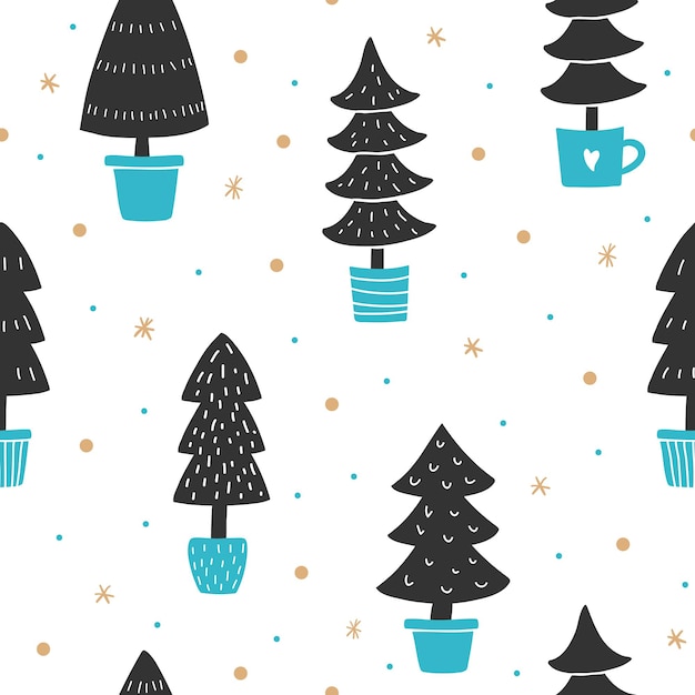 Handdrawn invierno de patrones sin fisuras con árboles ilustración vectorial