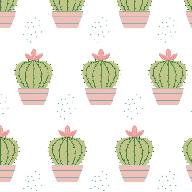 Handdrawn de patrones sin fisuras con cactus en maceta Patrón con cactus florecientes