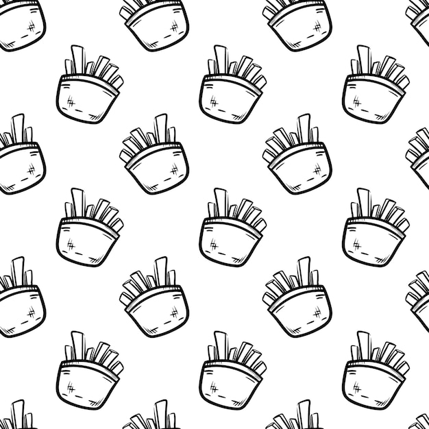 Handdrawn de patrones sin fisuras papas fritas doodle icono. Boceto negro dibujado a mano. Símbolo de signo. Elemento de decoración. Fondo blanco. Aislado. Diseño plano. Ilustración vectorial.