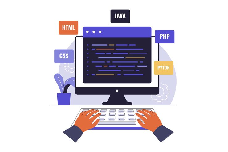 Vector hands coding on keyboard with various programming languages website development