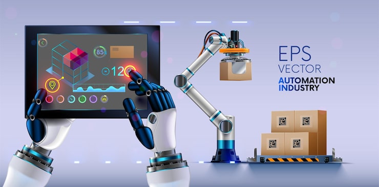 Vector hands of humanoid robot hold tablet in hands firstperson view robot on tablet controls loading of boxes on to pallet ai controls operation of industrial robot arm on factory ai in industry 40