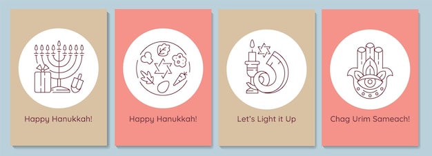 Hanukkah celebrando postales con conjunto de iconos de glifo lineal. fiesta judía. tarjeta de felicitación con diseño de vectores decorativos. cartel de estilo simple con ilustración creativa de lineas. folleto con deseo navideño