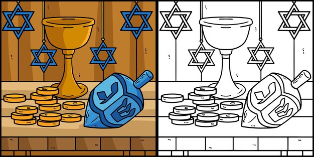 Hanukkah Dreidel monedas e ilustración de cáliz