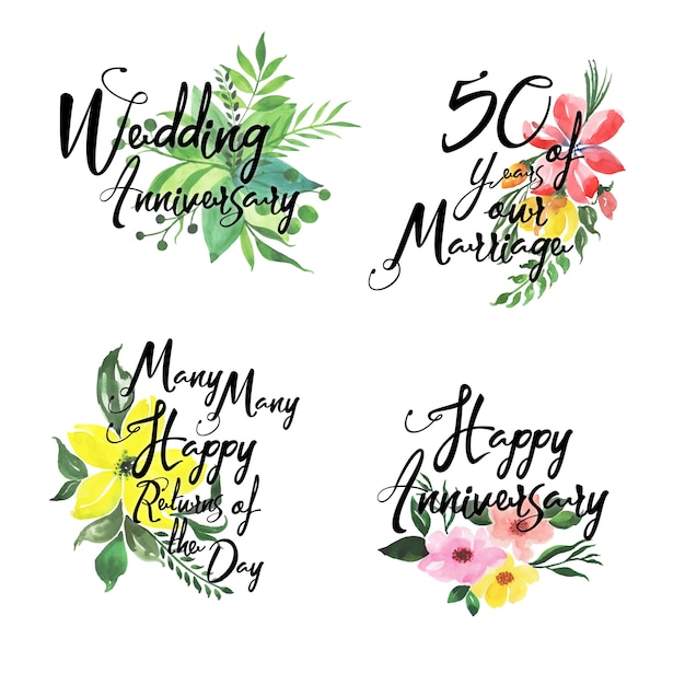 Happy anniversary logo collection con acuarela floral