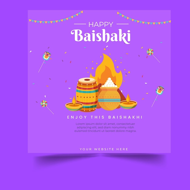 Happy Baishaki Festival Banner diseño de plantilla de publicación en redes sociales con fondo morado