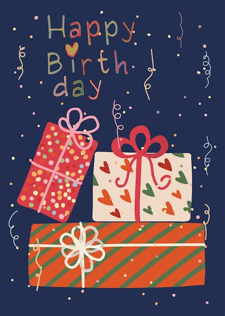 Happy Birthday Greeting Card with Colorful Gift Boxes