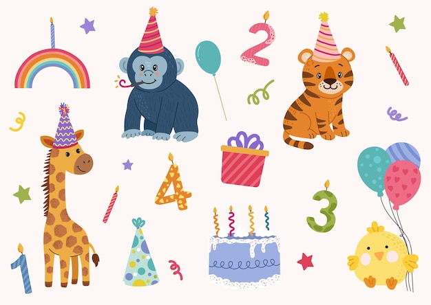 Happy birthday set with cartoon animals For birthday party greeting card invitation event
