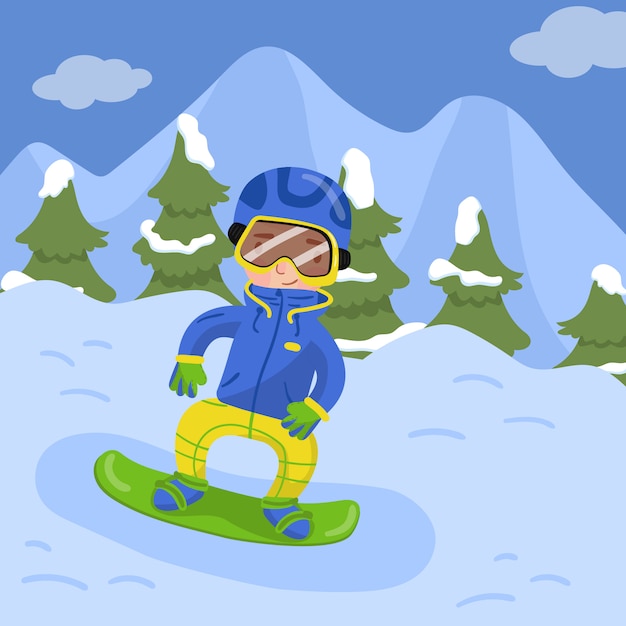 Happy Boy snowboard en las montañas en la ilustración de la temporada de vacaciones de invierno