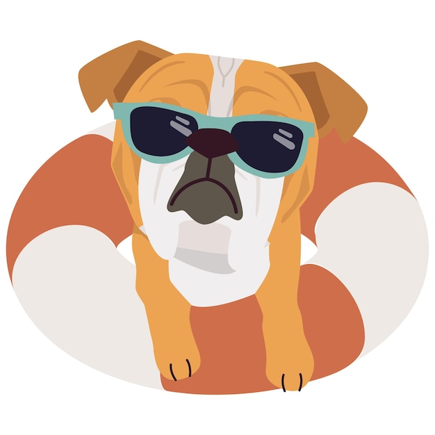 Vector happy bull dog con gafas de sol y colchón de aire de anillo flotante para el verano