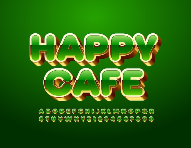 Happy cafe green and gold font conjunto de letras y números del alfabeto de lujo