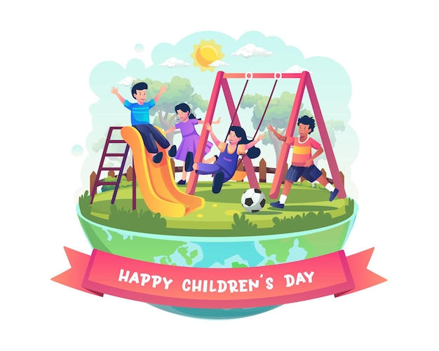 Happy Children's day with Children se está divirtiendo jugando en la ilustración del patio de recreo