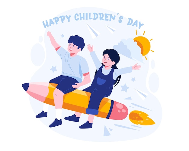 Vector happy children039s day with kids montando un cohete de lápiz en el cielo