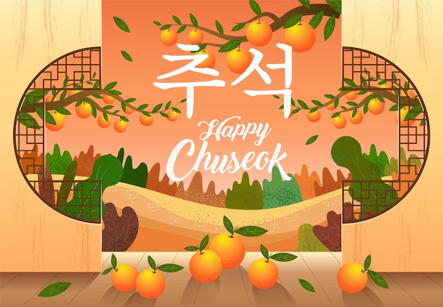 Happy chuseok, festival de mediados de otoño. conejos, festival de la luna, acción de gracias en corea, ilustración vectorial.