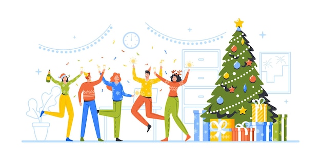 Happy Company Disco Fun. Amigos o colegas alegres celebran la Navidad, fiesta de año nuevo. Personajes con sombreros divertidos celebran el baile de Navidad en el árbol de Navidad decorado. Ilustración de Vector de gente de dibujos animados