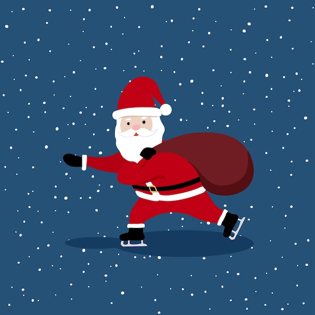 Happy Cute Santa Claus está llevando el saco de regalos y patinando sobre hielo en un fondo nevado