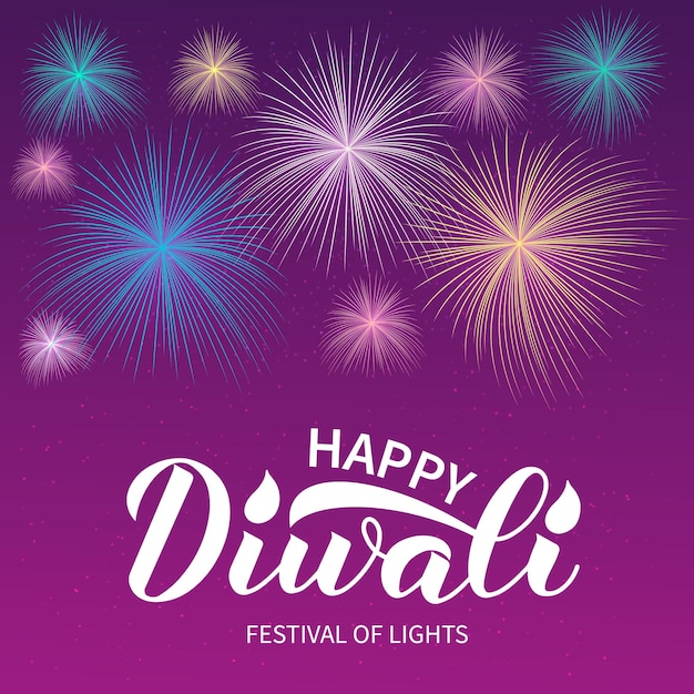 Happy Diwali caligrafía letras a mano y fuegos artificiales Festival tradicional hindú de luces banner Fácil de editar plantilla vectorial para cartel volante pegatina postal tarjeta de felicitación