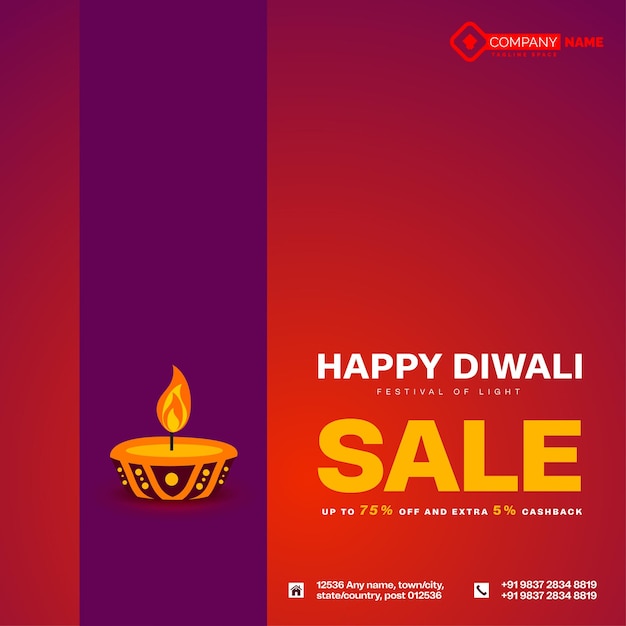 Happy diwali fondo morado y rojo con lámpara de aceite publicación en redes sociales