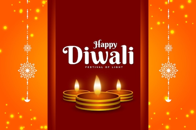 Happy Diwali naranja y fondo de chocolate con lámpara de aceite y decoración ligera publicación en redes sociales