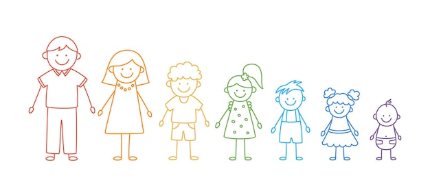 Happy doodle stick mans family Conjunto de figura dibujada a mano de la familia en colores del arco iris