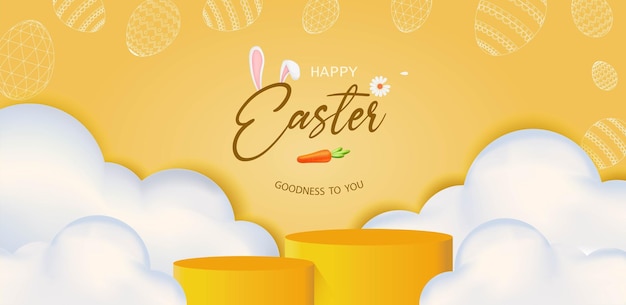 Happy Easterpodium con nube de concepto amarillo y diseño de texto