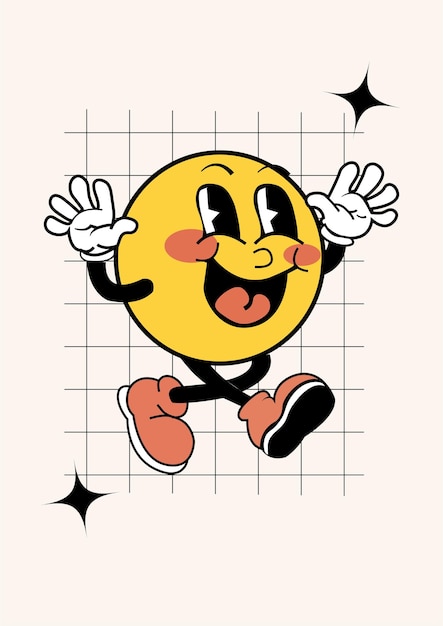 Happy Emoji de dibujos animados con diseño de estilo retro
