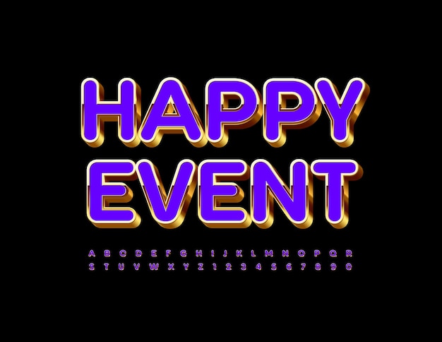 Happy Event Letras y números del alfabeto morado y dorado 3D Fuente brillante de lujo