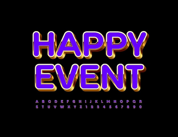 Happy event letras y números del alfabeto morado y dorado 3d fuente brillante de lujo