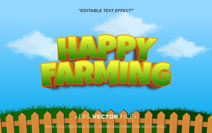 Vector happy farming efecto de texto 3d vector lúdico para el juego