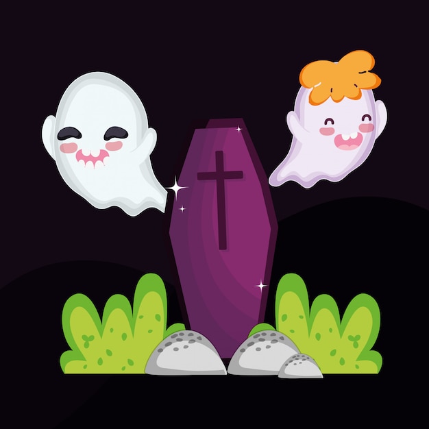 Vector happy ghosts ataúd noche halloween