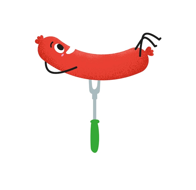 happy grill sausage on a fork isolated on cute grilled sausage for an invitation to a party