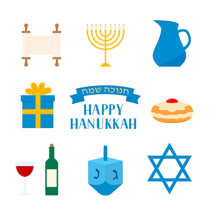 Vector happy hanukkah flat icons set menorah vela dreidel jarra de aceite estrella de david, etc. festividad judía festival de las luces fácil de editar elementos vectoriales de diseño para la invitación de la tarjeta de felicitación del logotipo
