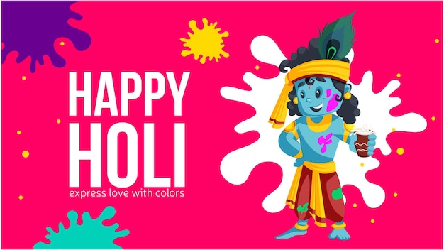 Happy holi express love con diseño de banner de colores con el señor krishna sosteniendo un vaso en la mano