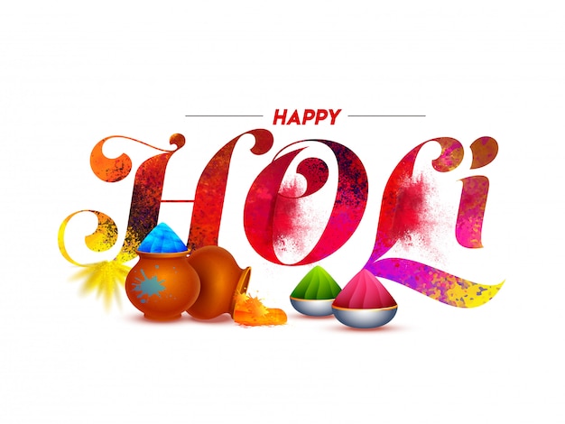 Happy Holi Font con Color Splash, ollas de barro y cuencos llenos de polvo (Gulal) en blanco.